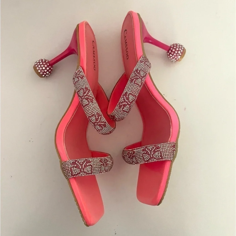 CAMSSOO Women's Double Rhinestones strap Heels Sandals Rose Red size 42